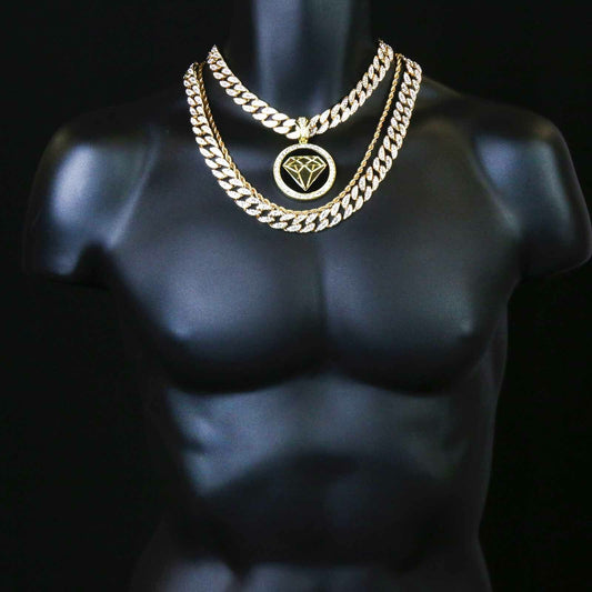 14k Gold D-shape Pendant CZ 20", 24" Cuban + 24 Rope Chain)