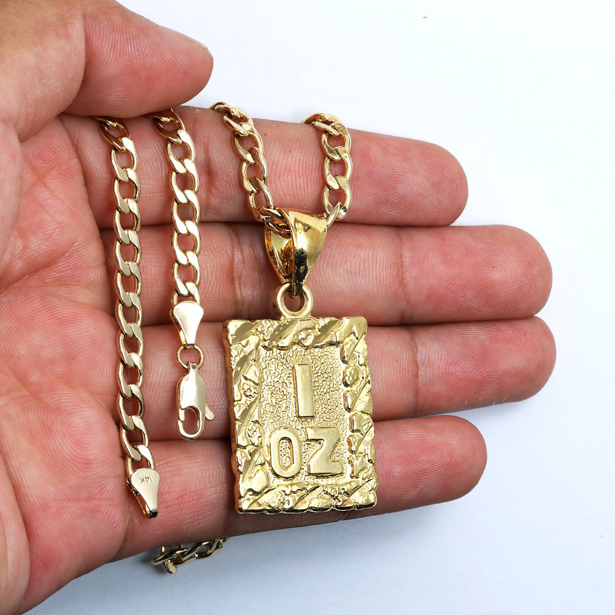 1 Oz Nugget Cut Charm Pendant 14k Gold 5mm 20" Cuban Choker Chain