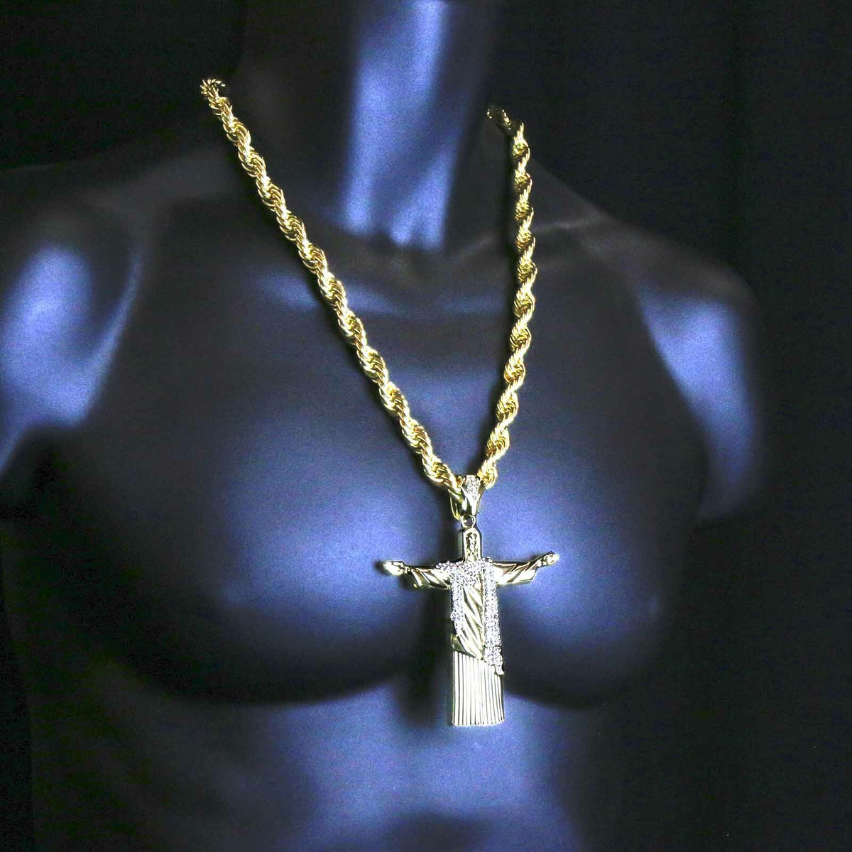 Gold Xl Christ the Redeemer Pendant Iced CZ 24 Rope Chain