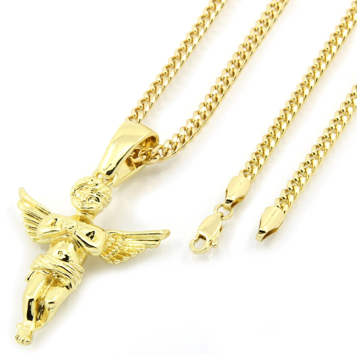 Men's 14k Gold Open Wings Angel Pendant 30" Cuban Chain