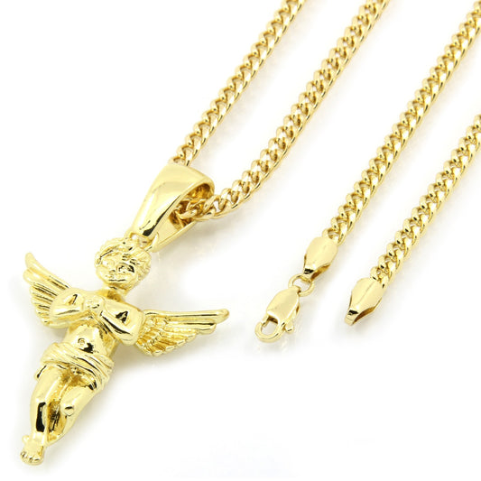 Men's 14k Gold Open Wings Angel Pendant 30" Cuban Chain