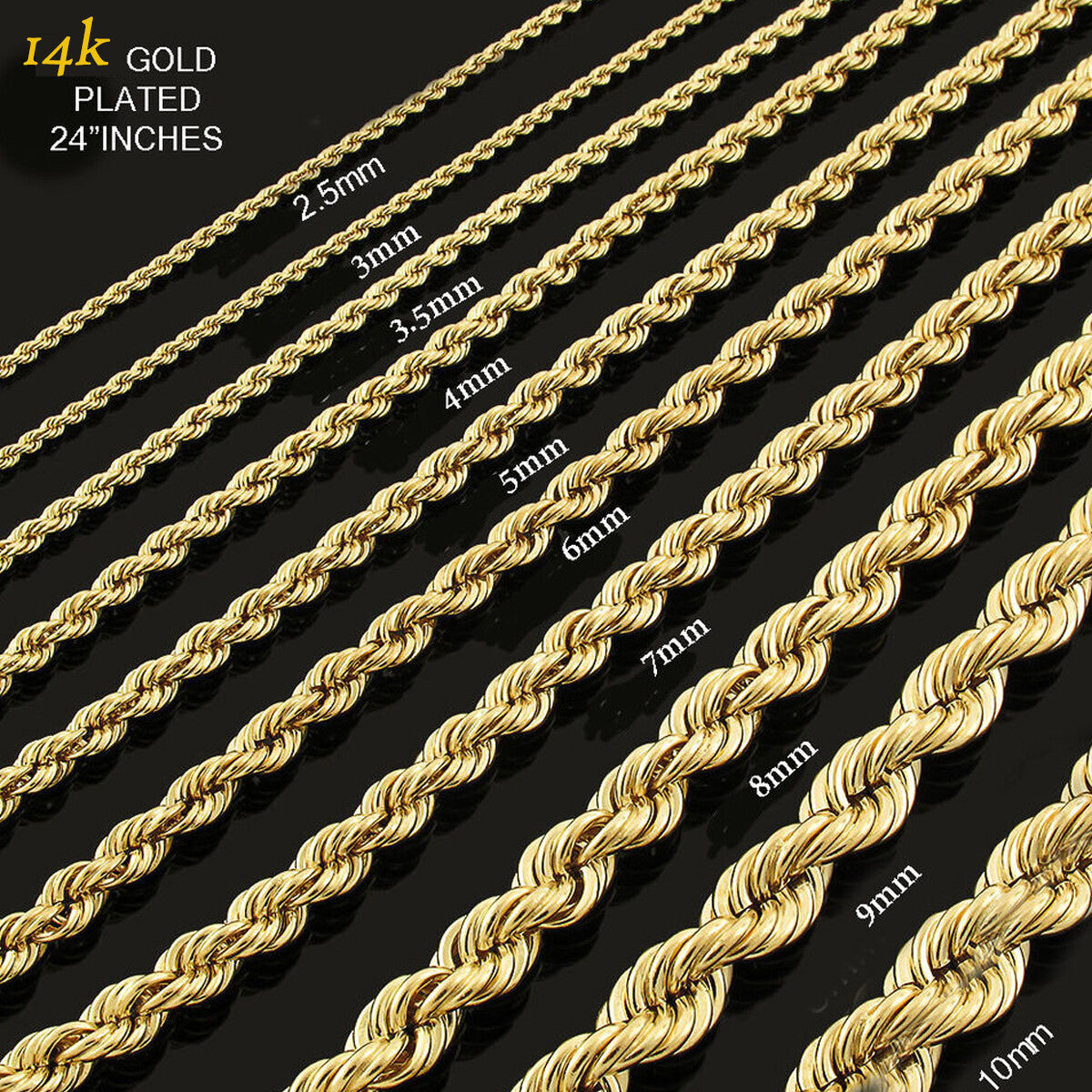 14k Gold High 24" Inch Italy Rope Chain Necklace 2.5 Mm-10 Mm