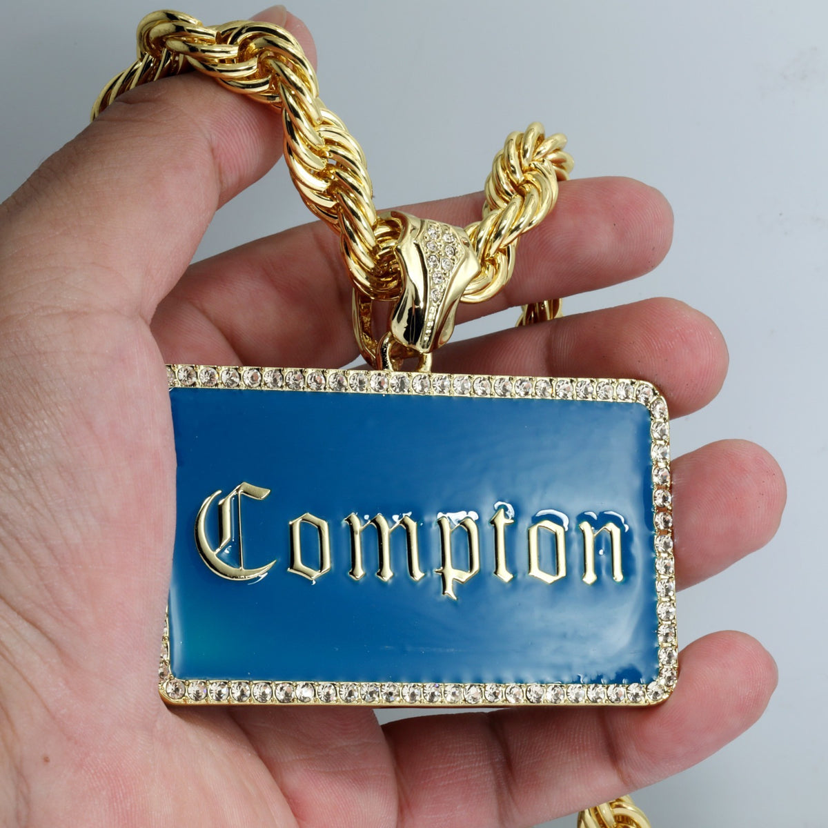 14k Rope Chain 10mm 20" & 24"In Large Gold Bar Compton Pendant