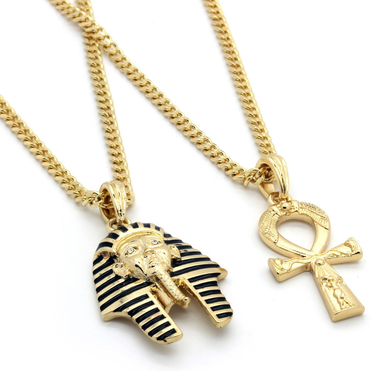 14k Gold High Pharaoh/ankh Bundle 30" Cuban Chain