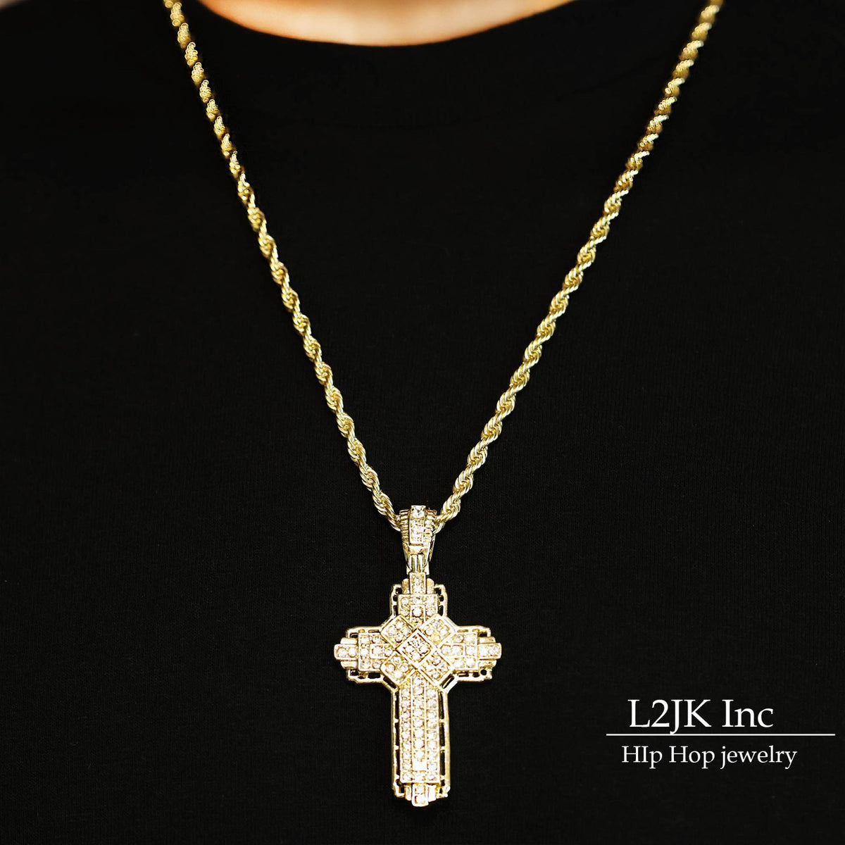 Iced X Cross Pendant CZ 14k Gold Rope Chain for Men's