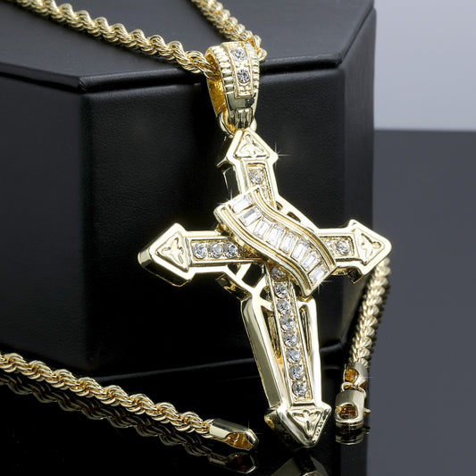 Iced Victorian Cross Pendant CZ 14k Gold Rope Chain for Men's