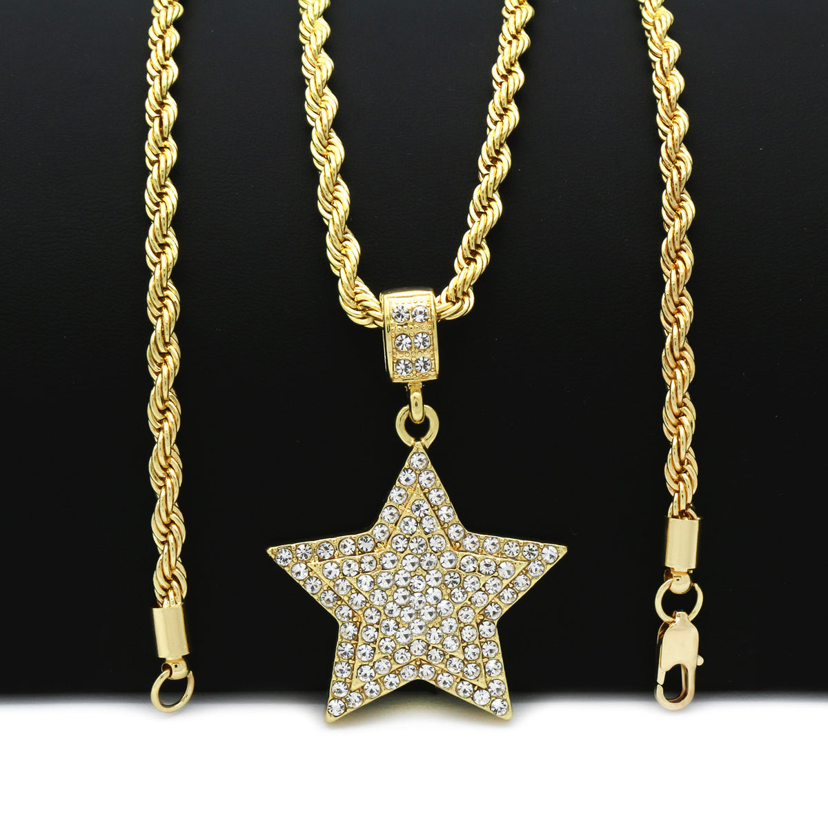 14k Gold Star Pendant Iced CZ Pendant 24" Rope Chain