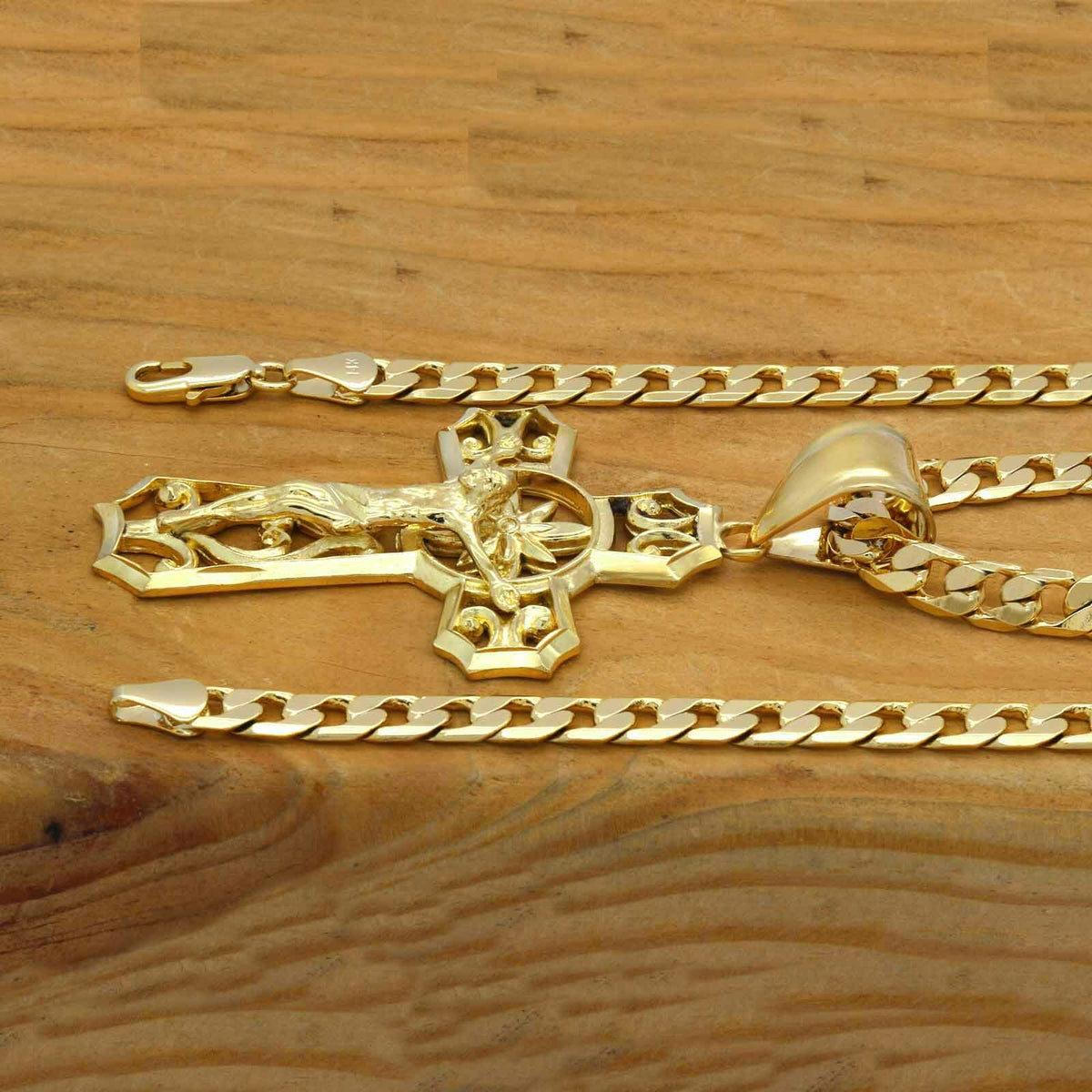 Men's 18k Gold Jesus Curve Cross Pendant 6mm 24" Cuban Chain