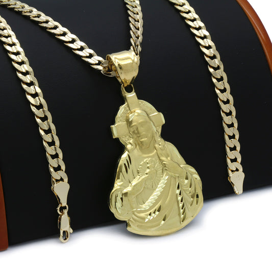 Men's 18k Gold Jesus Pendant 6mm Cuban Chain Necklace (K-1)