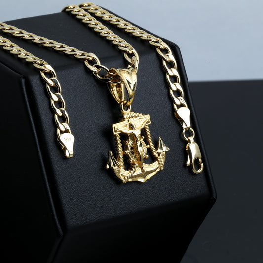 Tiny Jesus Anchor Charm Pendant 14k Gold 20" Cuban Choker Chain