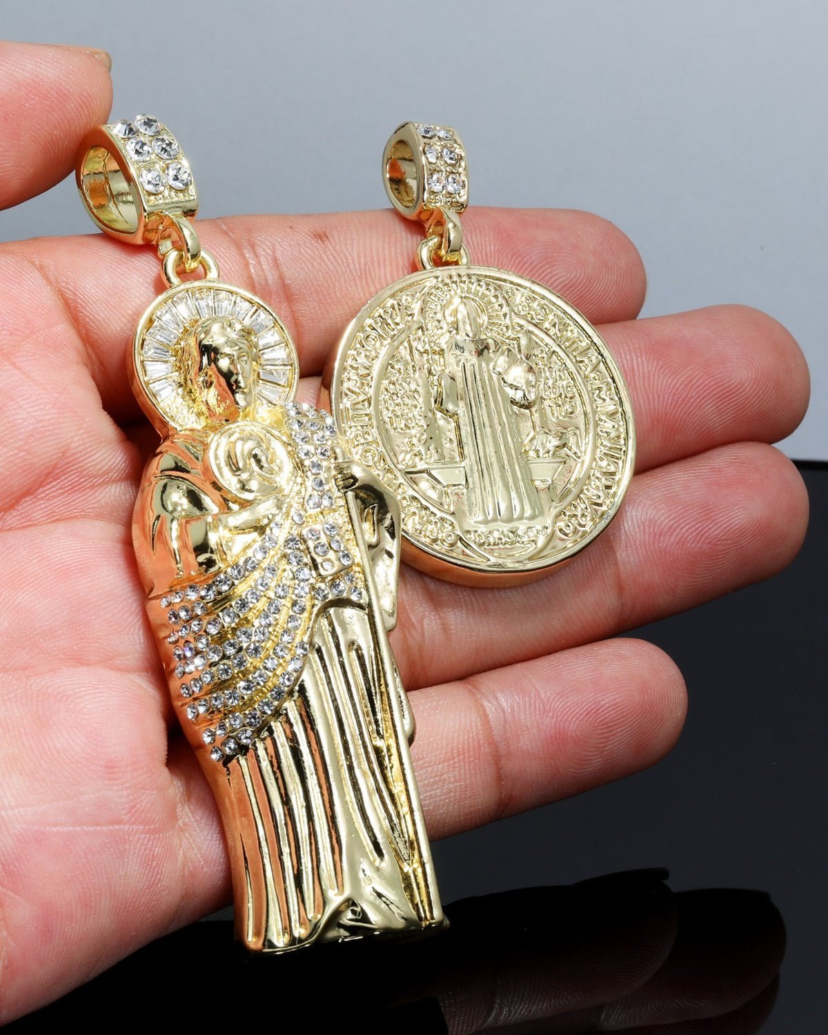 Iced San Judas & Saint Benedict Pendant CZ Gold 4mm Rope Chain