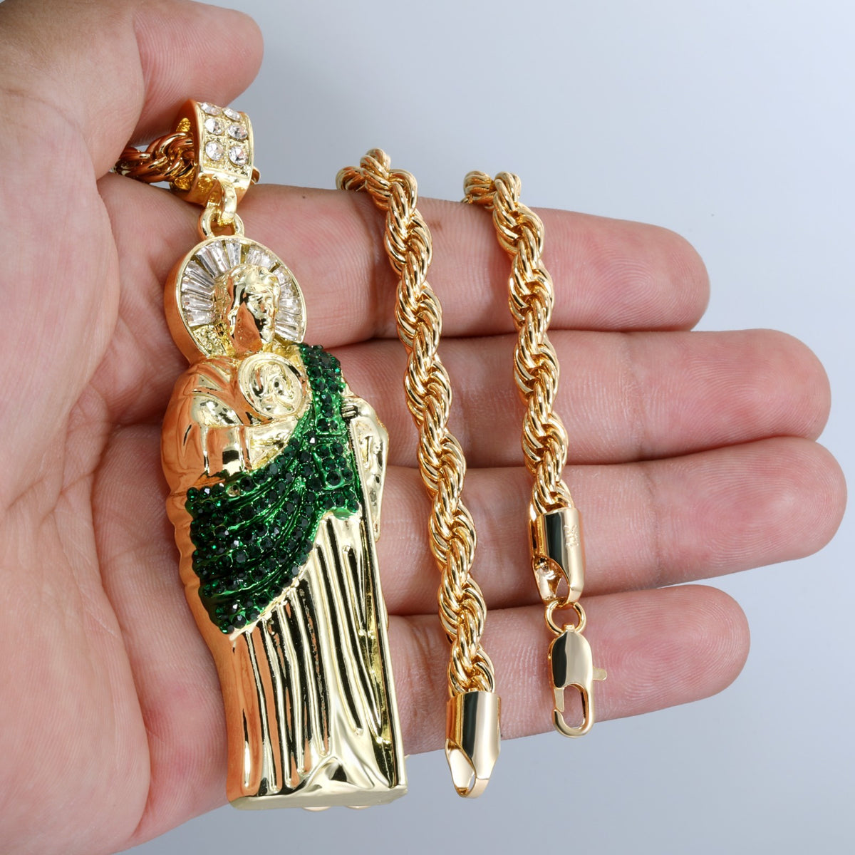 14k Rope Chain Necklace 6mm - 20" 24" 30" Green San Judas Pendant Gold
