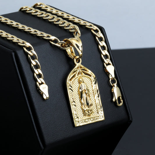 Virgin Mary Charm 14k Gold 5mm 20" Cuban Link Necklace Choker Chain