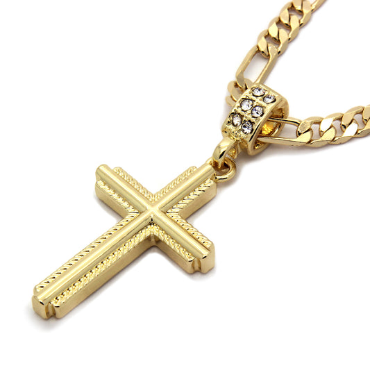 14k Gold Braided Cross Pendant 24" Figaro Necklace Chain