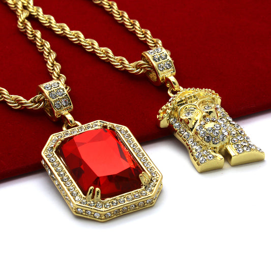 14k Gold & Jesus Pendant CZ 4mm 30" & 24" Rope Chain