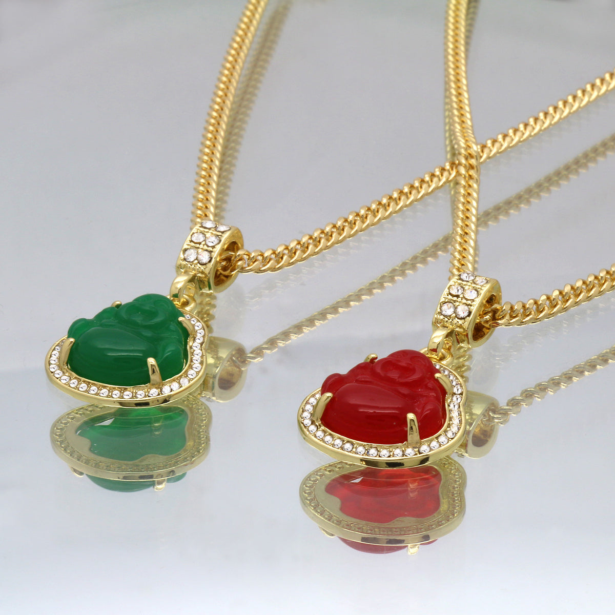 Men 14k Gold Green Red Buddha CZ 30 & 24" Cuban Chain