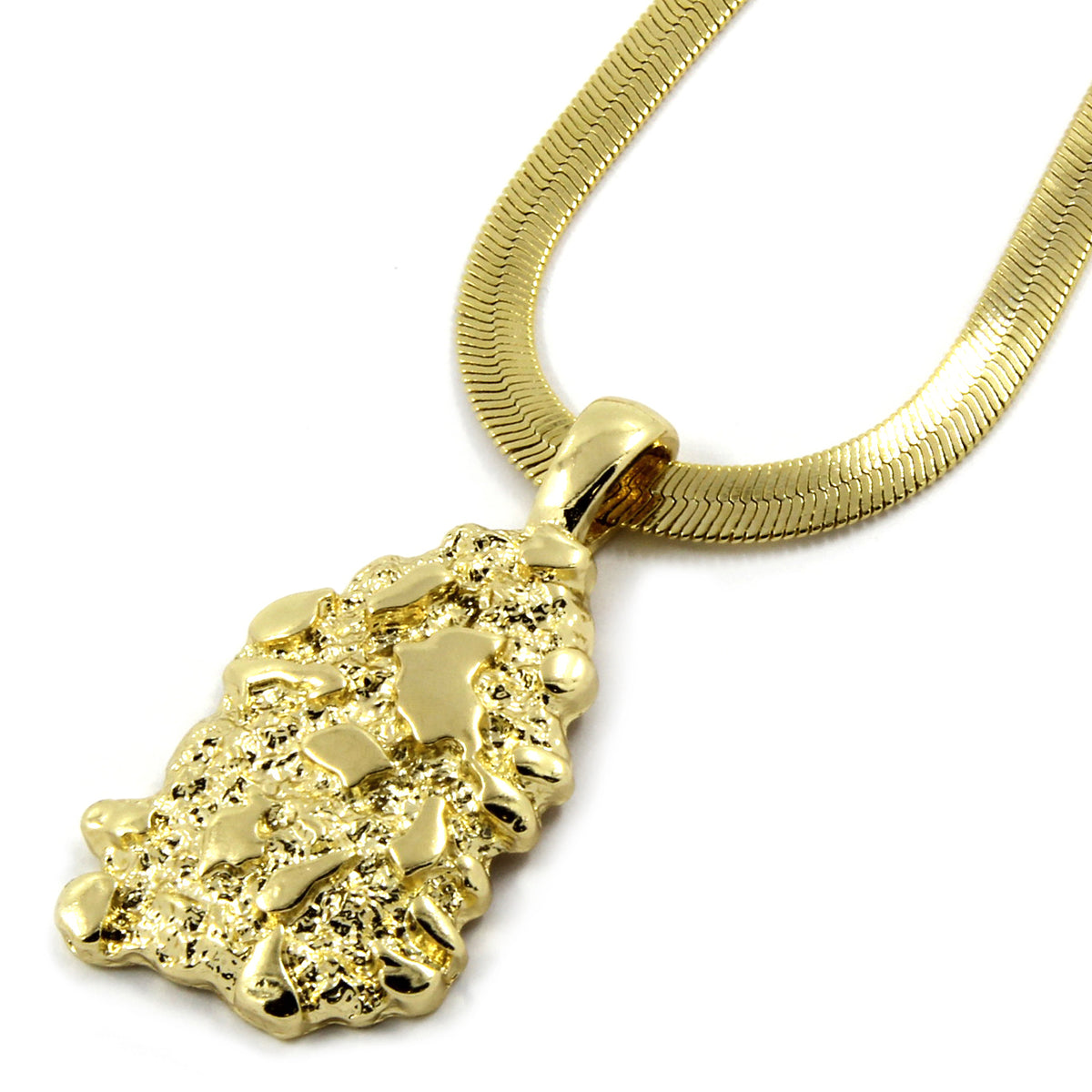 14k Gold Nugget Pendant 4mm/24" Herringbone Chain