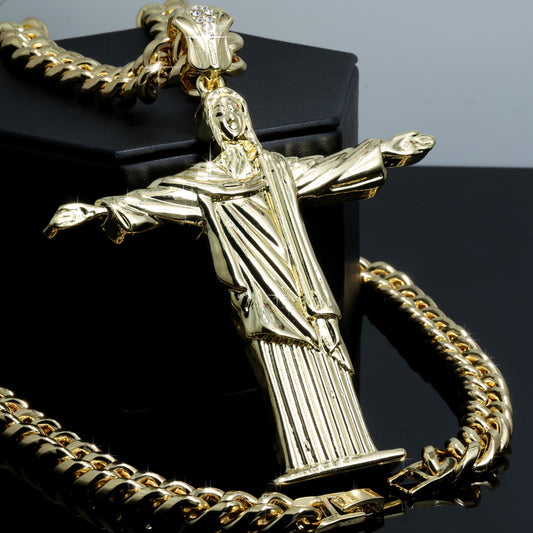 Large Redeemer Jesus Pendant / 10mm Cuban Link Chain 14k Gold Men & Women