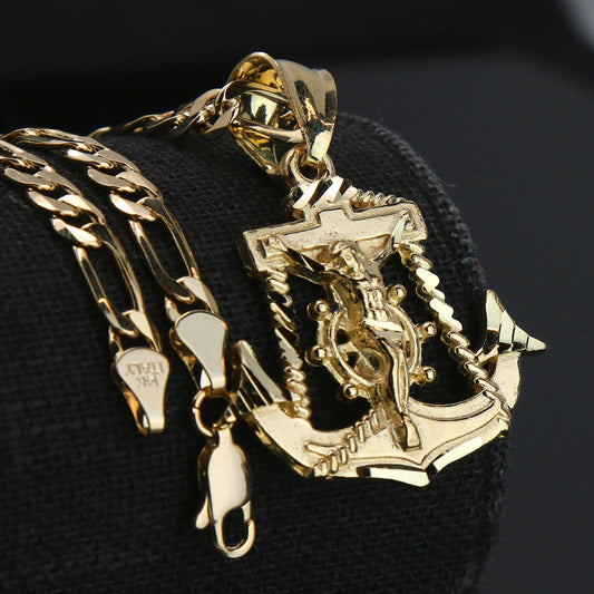 Jesus Anchor 14k Gold Pendant 5mm 24" Figaro Necklace Choker Chain
