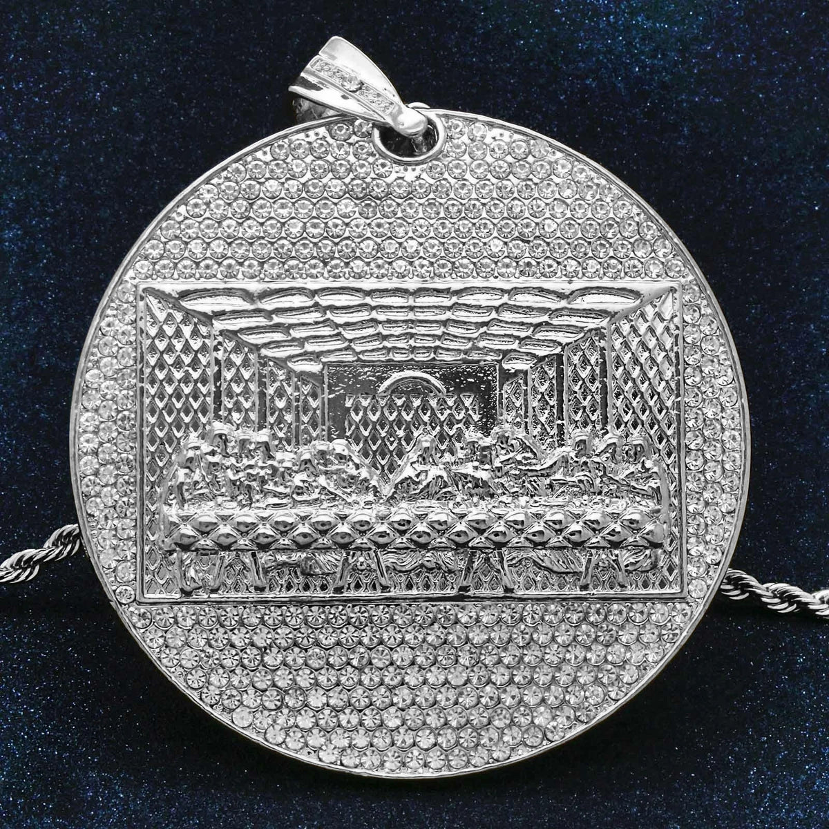 925 Silver " Huge Last Supper" Pendant CZ 30" Rope Chain