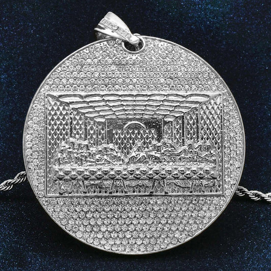 925 Silver " Huge Last Supper" Pendant CZ 30" Rope Chain