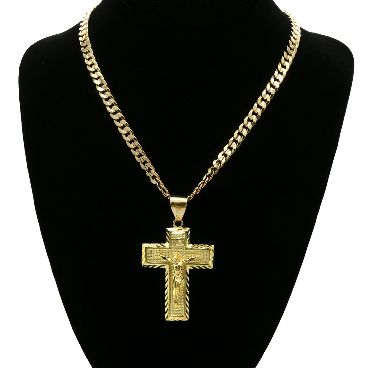 Men's 18k Gold Jesus Cross (L) Pendant 6mm Cuban Chain Necklace