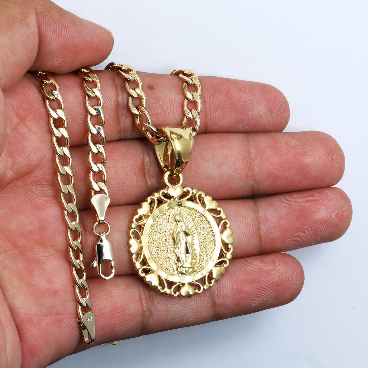 Heart Virgin Mary Charm Pendant 14k Gold 5mm 20" Cuban Choker Chain