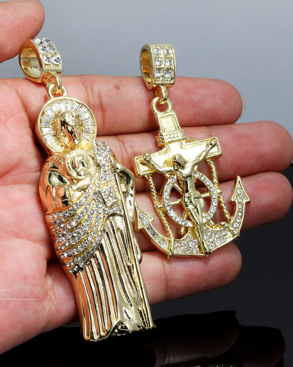 Iced San Judas & Jesus Anchor Pendant CZ Gold 4mm Rope Chain