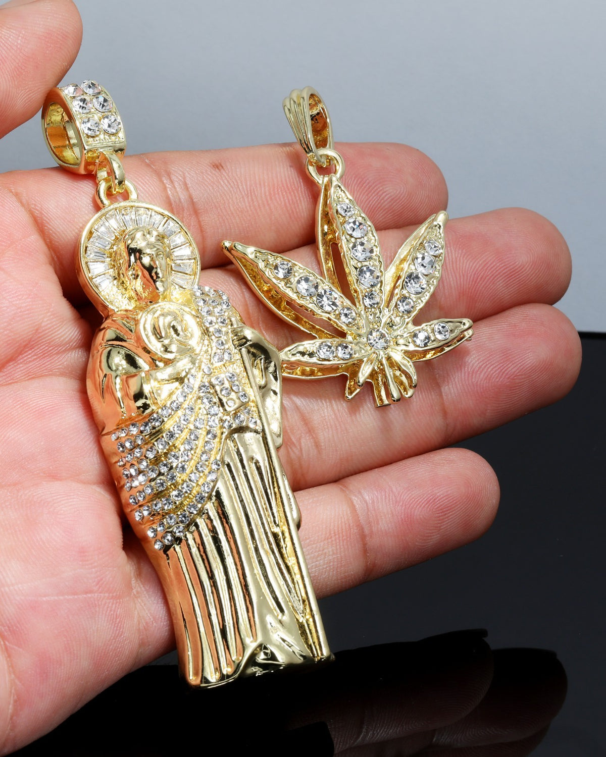 San Judas & Iced Marijuana Pendant CZ 14k Gold 4mm Rope Chain
