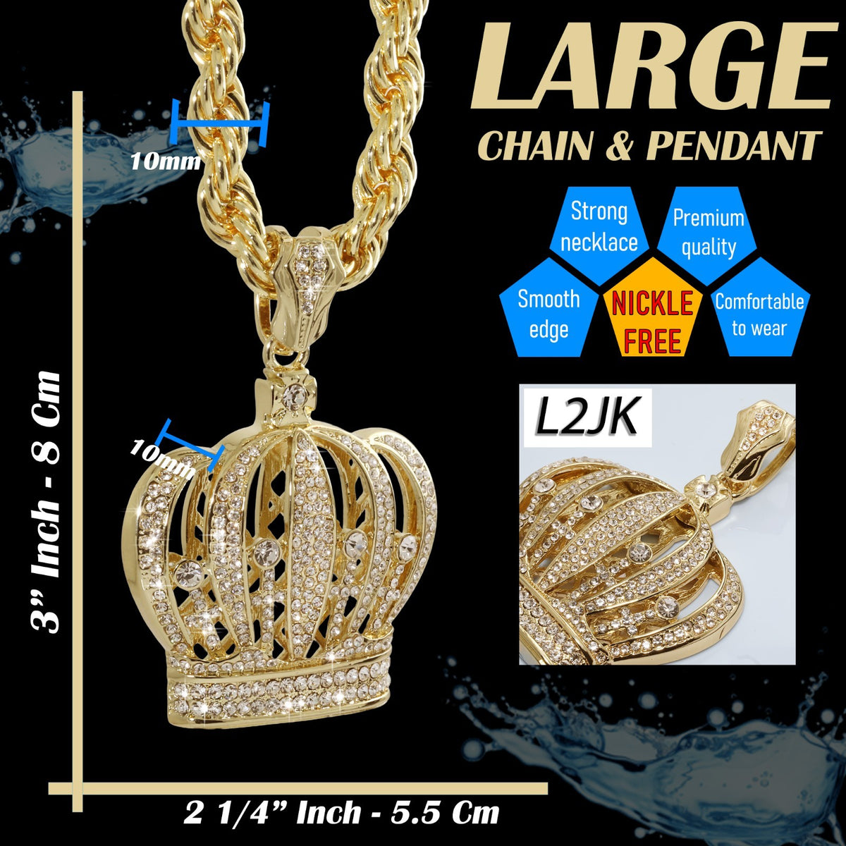 14k Rope Chain 10mm 20 & 24In Large Queen King Crown Gold Style