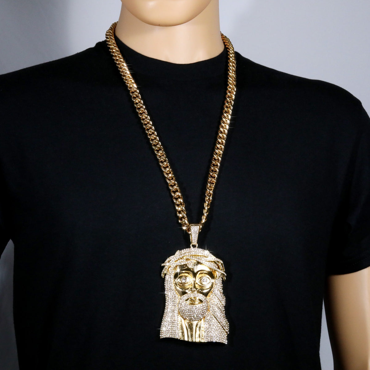Miami Cuban Curb Chain Necklace 10mm 30In & Crowne Jesus Piece Gold