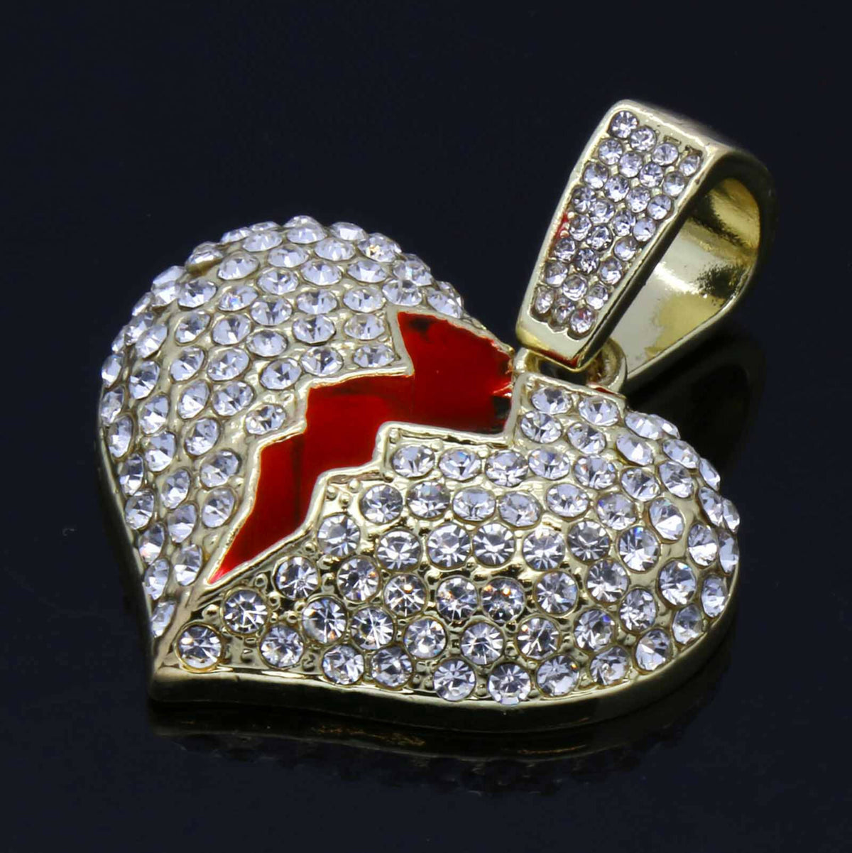 Gold Broken Heart Pendant CZ 20", 24" Cuban + 20 Rope Chain
