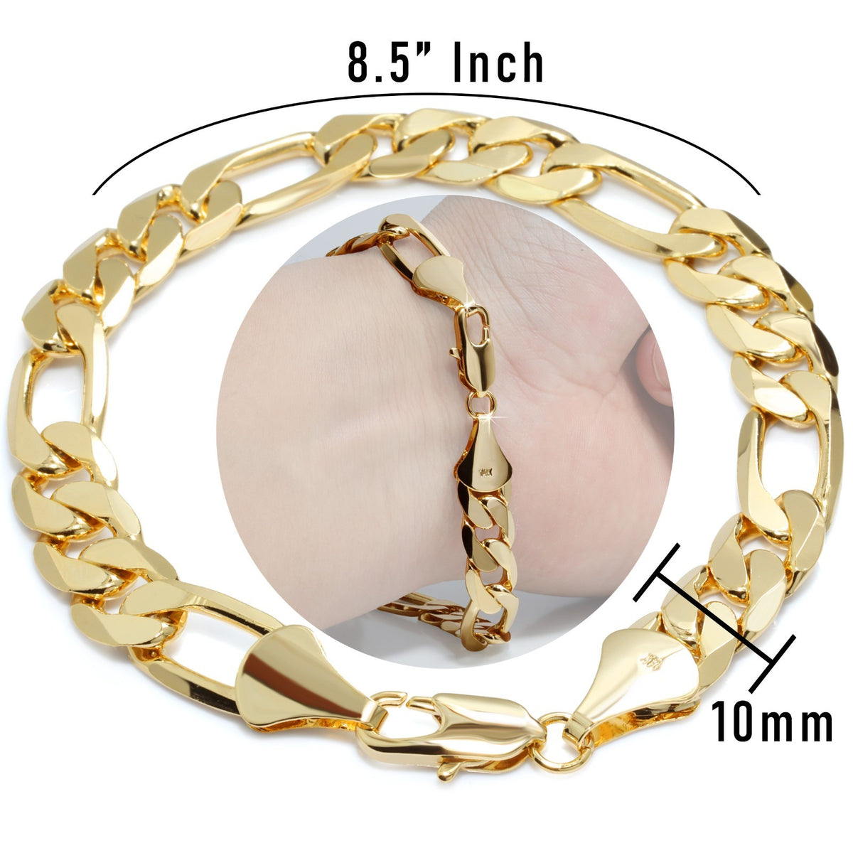 Figaro Link Chain Bracelet 10mm 8.5" 14k Gold Men's