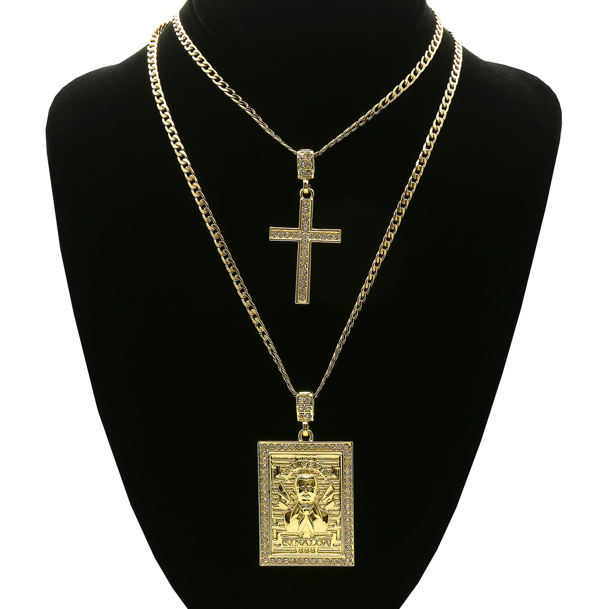 Gold St.steel Chain 24"/30" Malverde & Cross Pendant CZ 56/8