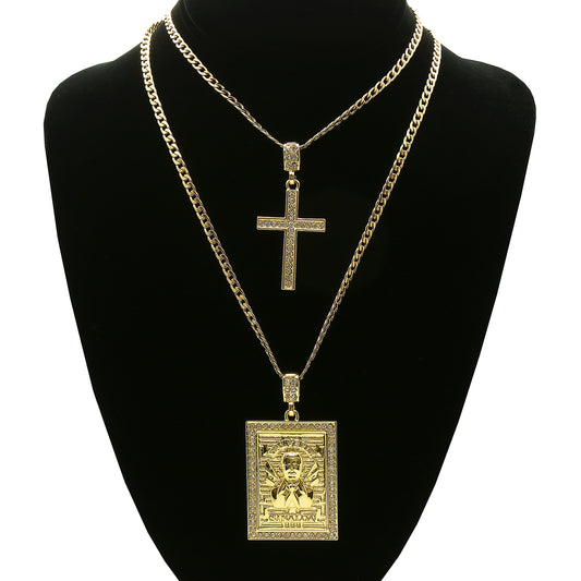 Gold St.steel Chain 24"/30" Malverde & Cross Pendant CZ 56/8