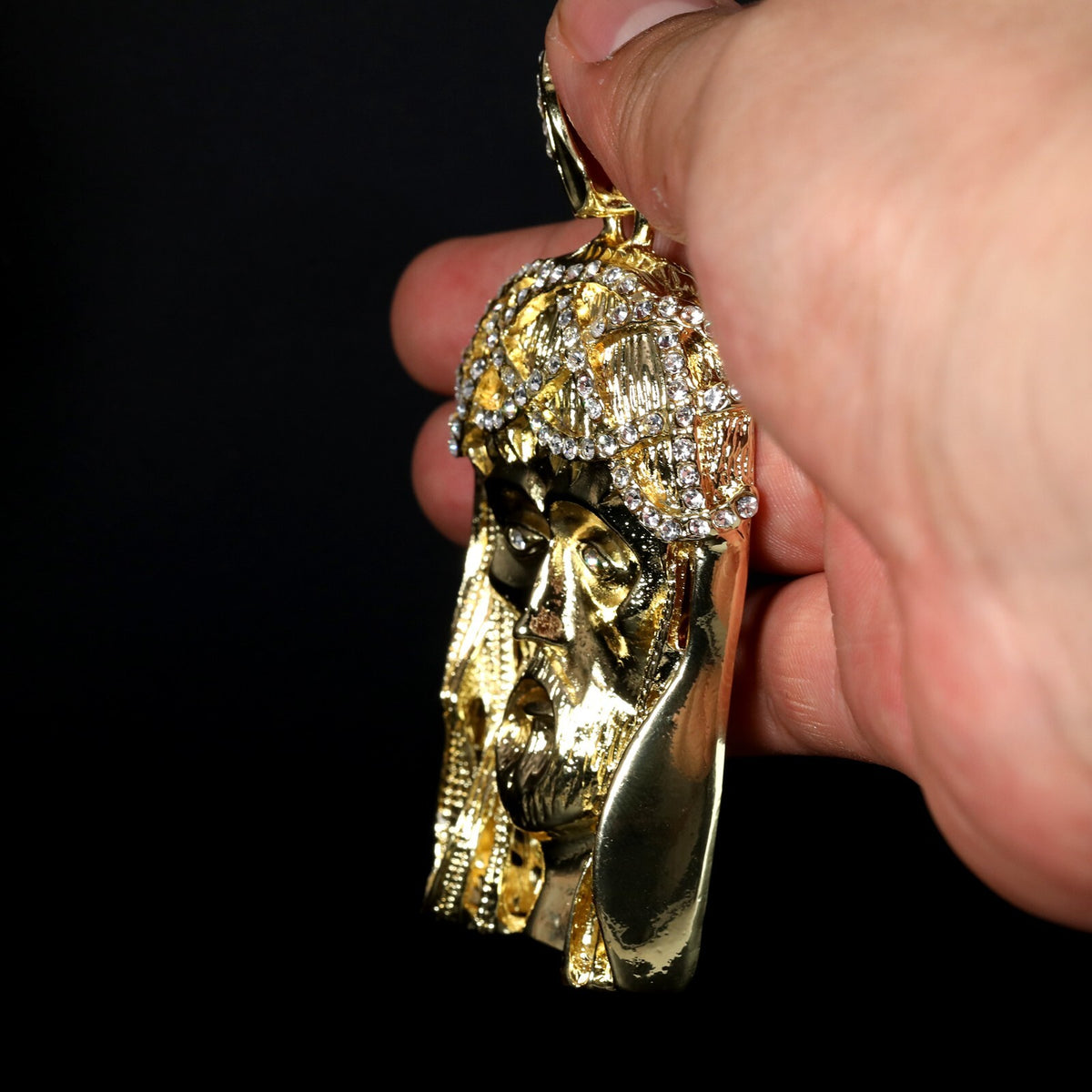 14k Gold 30" Cuban Chain Iced CZ Crowned Jesus Large Pendant