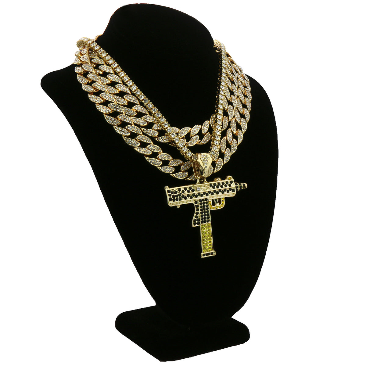 Men's 14k Gold Uzi Gun Pendant CZ 3 Chains Bundle