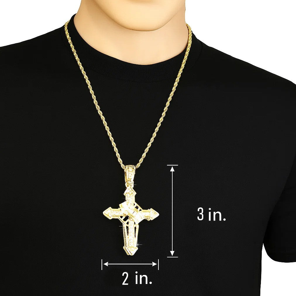 Iced Victorian Cross Pendant CZ 14k Gold Rope Chain for Men's