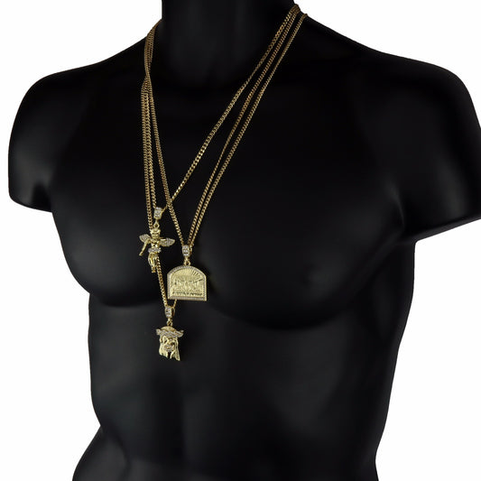 Gold Jesus Angel Last Supper Pendant CZ 24 27 30 Cuban Chain