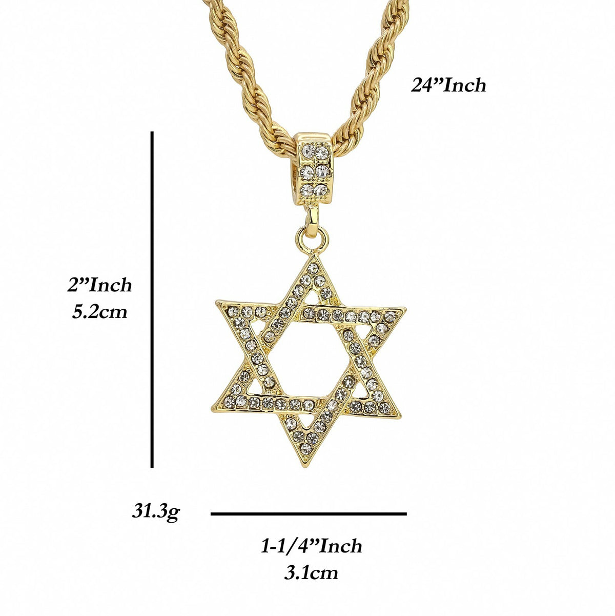 Star of David Pendant CZ 24 Rope Chain 18k Gold