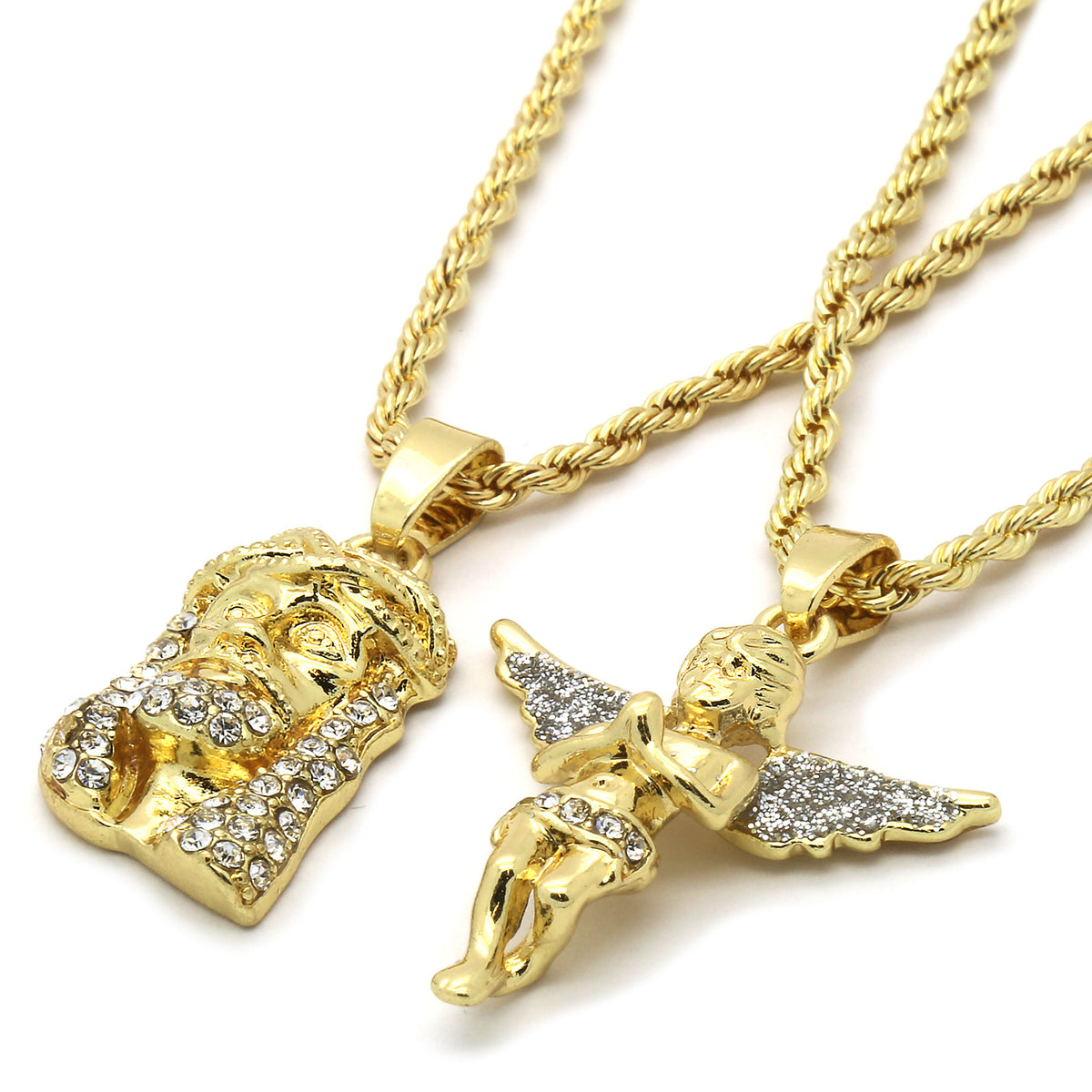Men 14k Gold Jesus & Angel CZ 30" & 24" Rope Chain