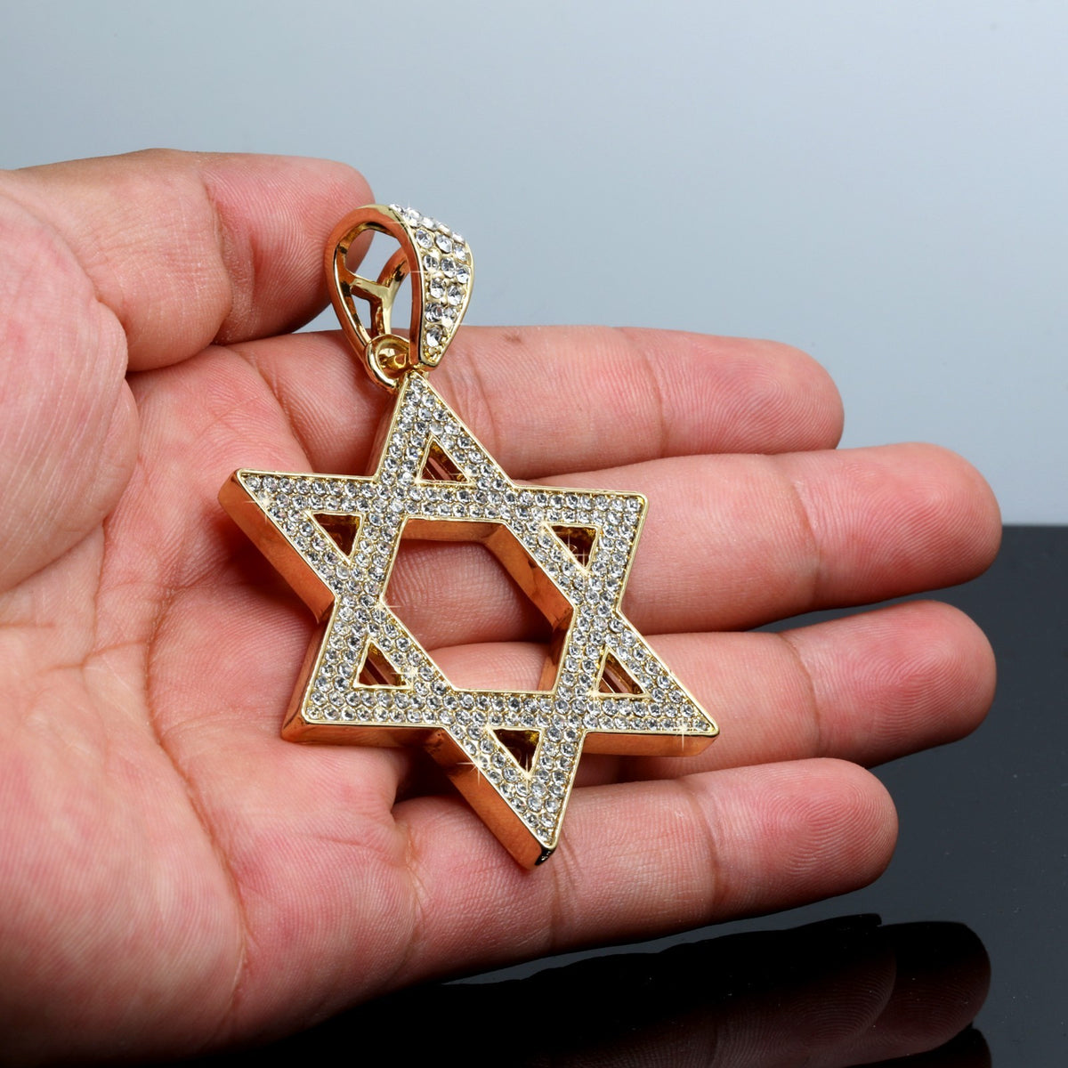Large Slim Star of David Pendant Iced CZ 10mm Cuban Chain Gold