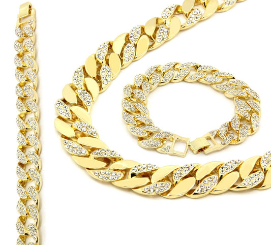 14k Gold CZ Chain & Bracelet Men's Miami Cuban