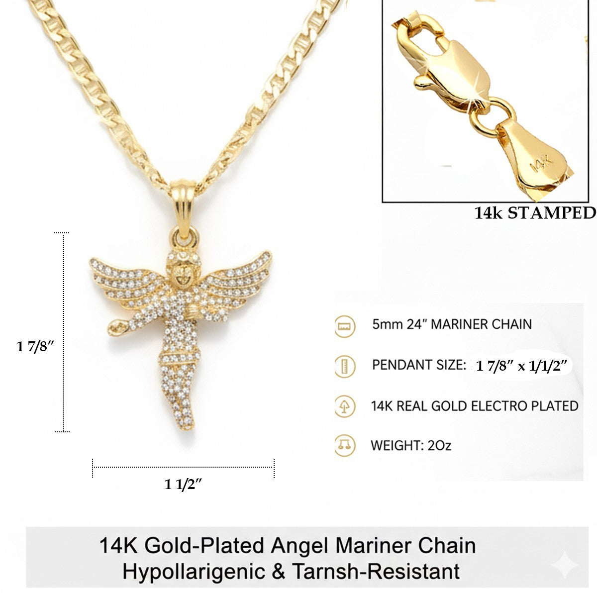 Gold Tone CZ Wing Prayer Angel Necklace – 14k Gold Mariner Chain