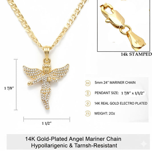 Gold Tone CZ Wing Prayer Angel Necklace – 14k Gold Mariner Chain