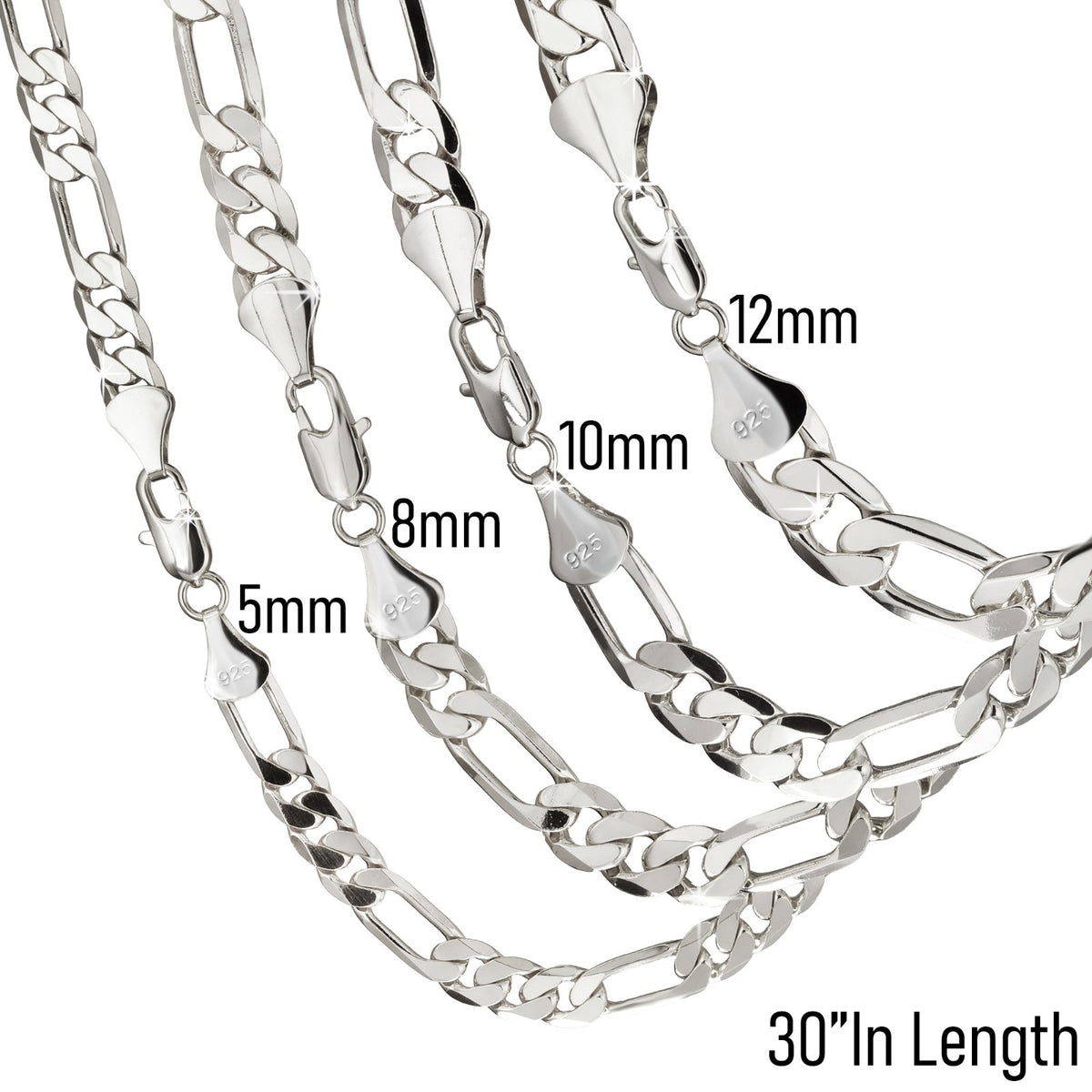 Figaro Chain Sterling Silver 925 5mm - 12mm 30" Men Women Jewelry