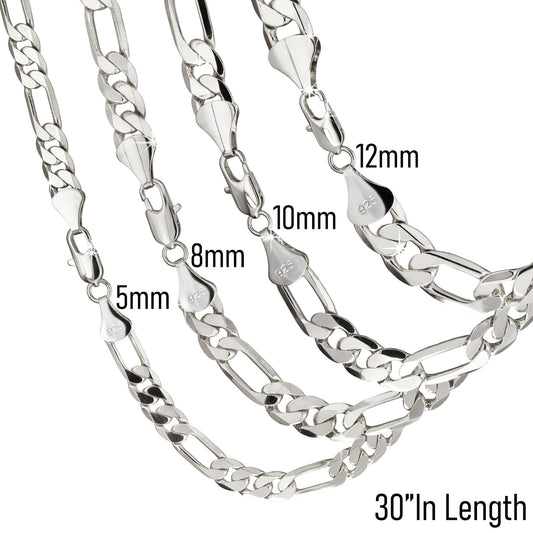 Figaro Chain Sterling Silver 925 5mm - 12mm 30" Men Women Jewelry