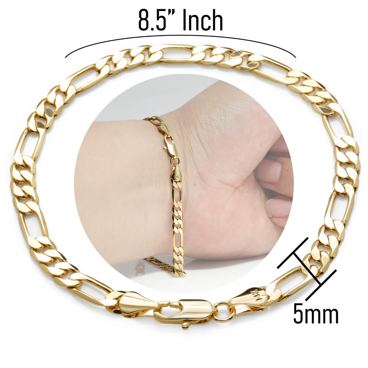 5MM Figaro Bracelet 8.5"Inch 14k Gold Chain Jewelry Men's