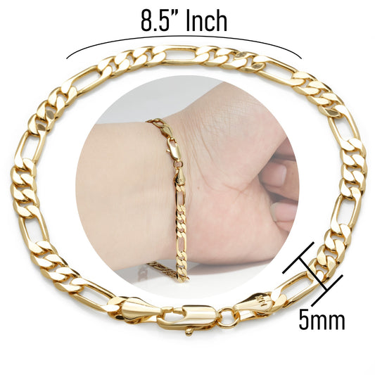 5MM Figaro Bracelet 8.5"Inch 14k Gold Chain Jewelry Men's