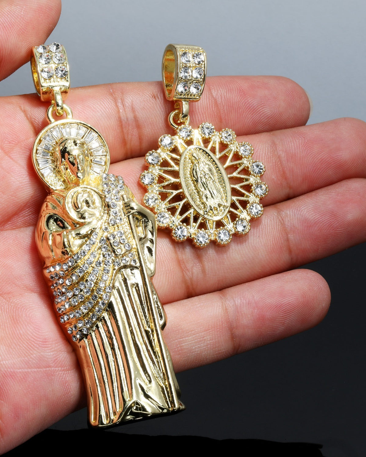 Iced San Judas & Flower Virgin Pendant CZ Gold 4mm Rope Chain